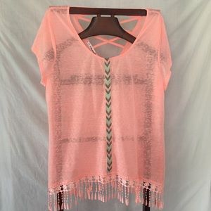 Dressy coral women plus size top with fringe.